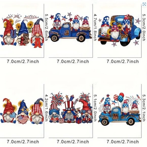 6-Pack Patriotic USA Gnome Truck Fireworks Iron-On Transfer Stickers DIY Apparel - Picture 2 of 4